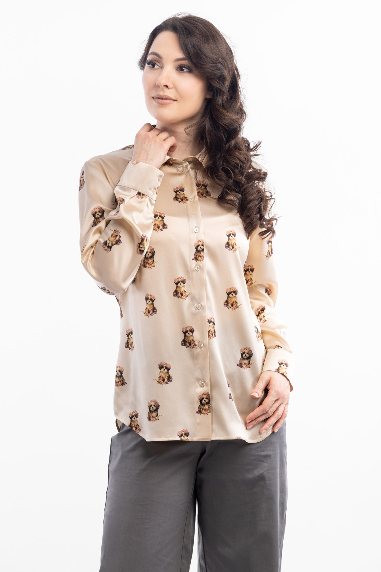 Женская шелковая блузка с принтом собачки Леди   291454