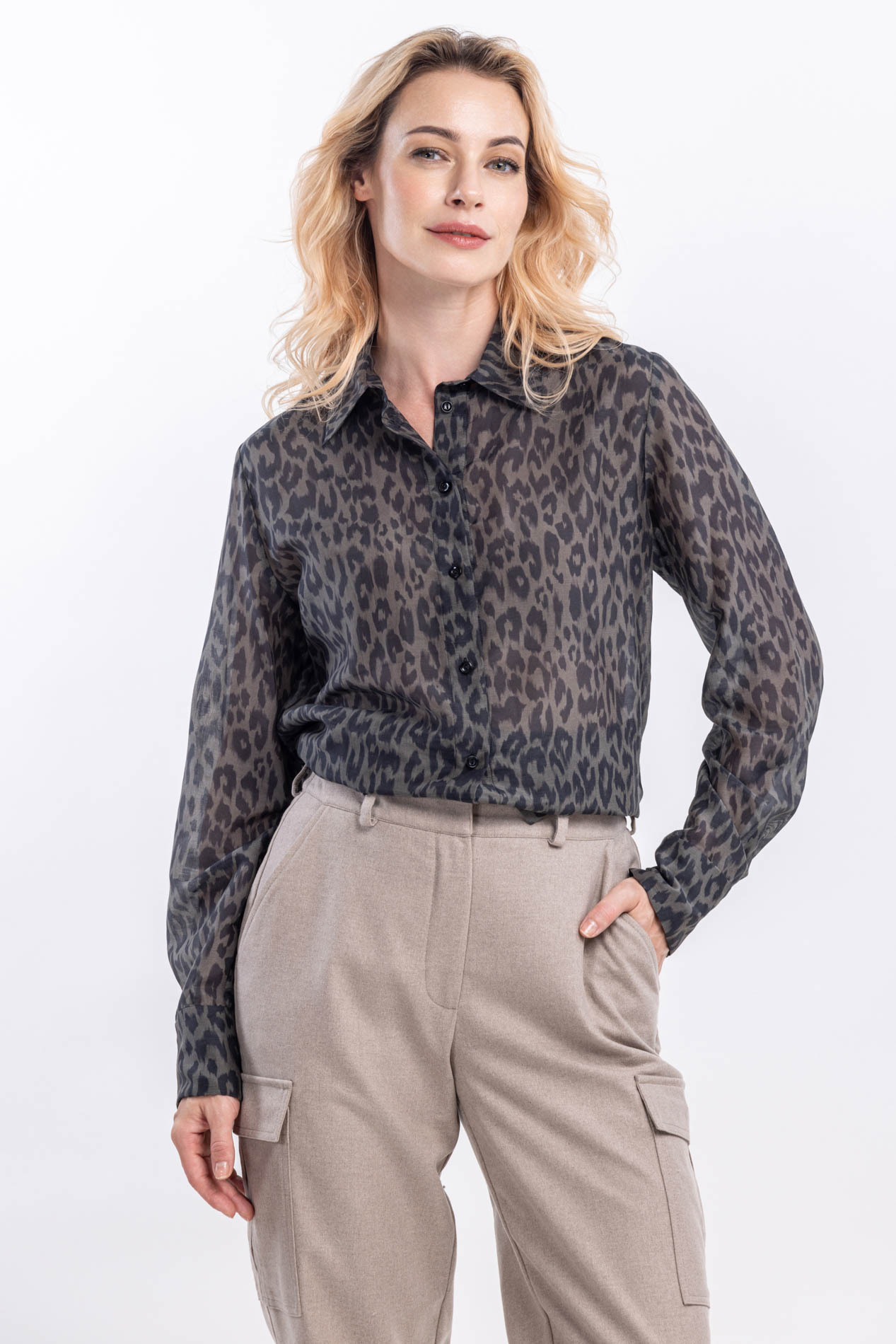 Женская рубашка из шелка и хлопка Оливковый леопард   287898