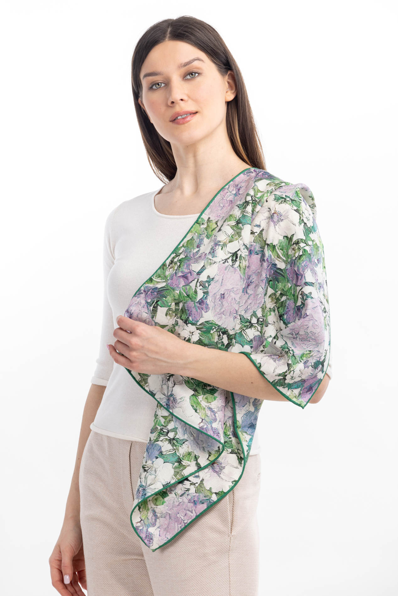 Платок из шерсти и шелка с принтом весенние цветы   290895