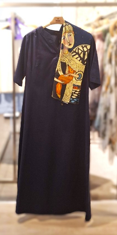 Женское платье из шелка и хлопка Ирина NEW, Платок из шелка ручная роспись Девочка с лисой, 292193